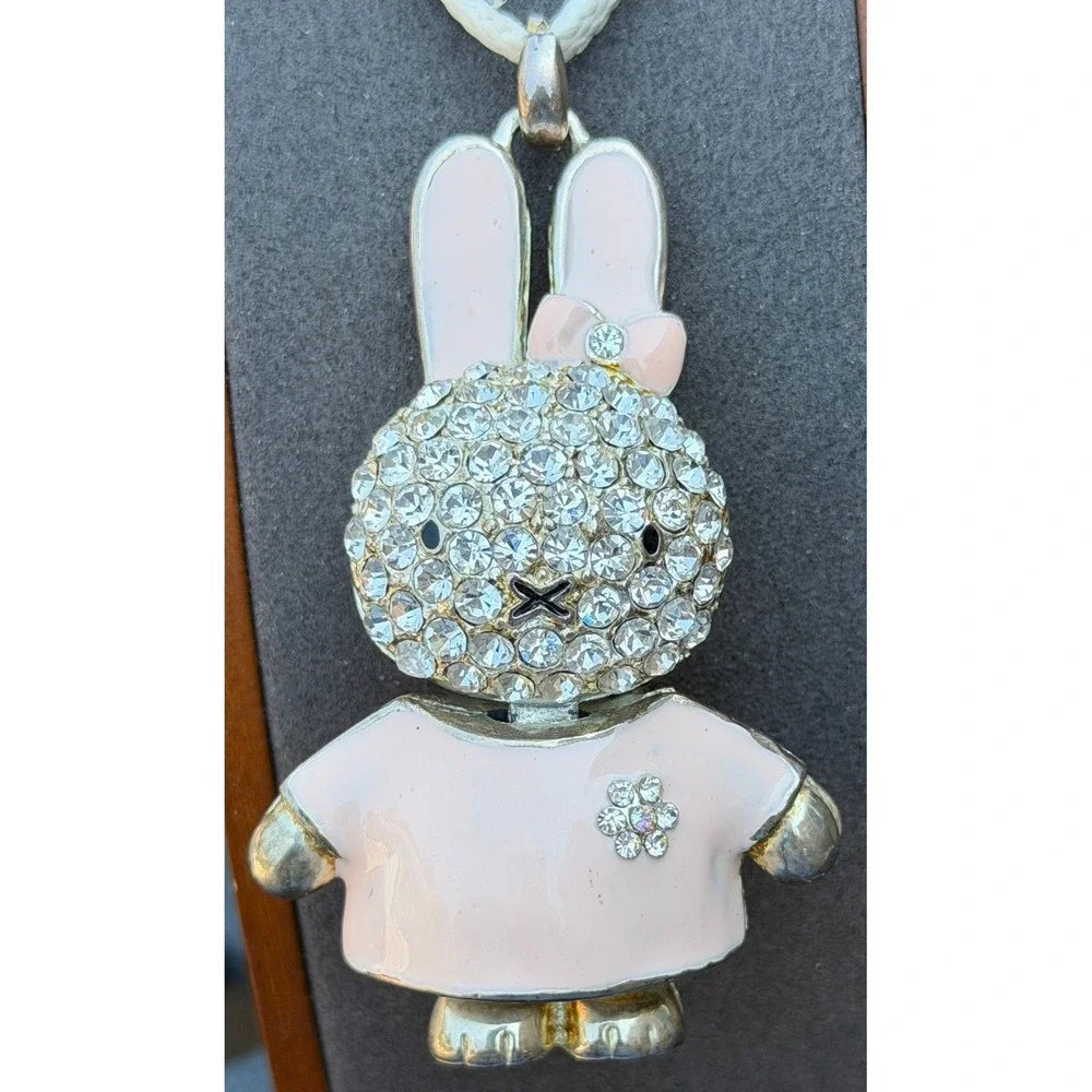 Vintage Bunny Rabbit Pendant Necklace Rhinestone Pink Enamel Miffy Style 28